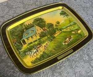 Vintage Currier & Ives American Homestead Summer Metal Tin Serving Tray 1868